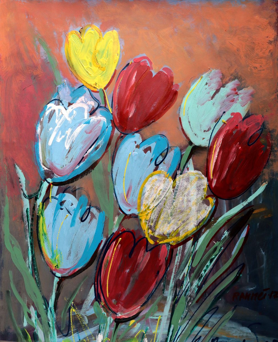 Impressionistic Botanical Acrylic Painting By Rakhmet Redzhepov, 20 X 24", Blue Tulips, Original Artwork
