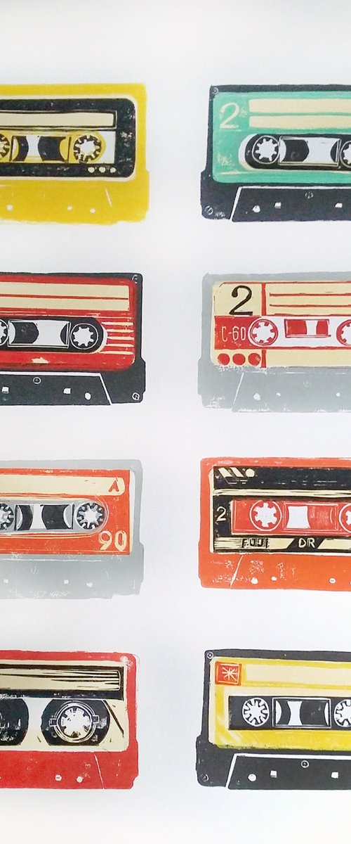 Linocut tapes #45 (cassette tapes, retro music, 70's, 80's rock culture) by Carolynne Coulson