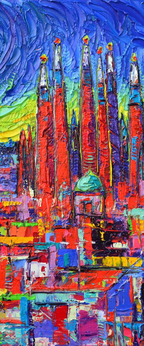 AURORA IN BARCELONA SAGRADA FAMILIA is an impasto textural abstract cityscape modern impressionism palette knife oil painting by Ana Maria Edulescu by ANA MARIA EDULESCU