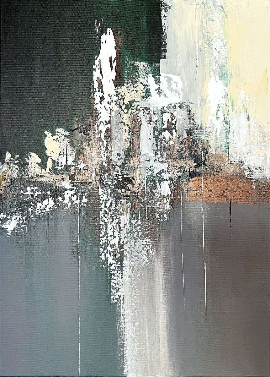 Expressive Abstract Acrylic Painting By Tatiana Malinovscaia, 20 X 28", Emerald Mist. Bronze Gold, Original Artwork