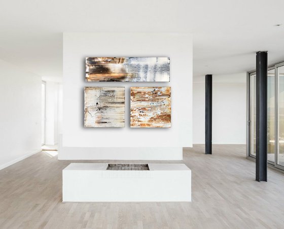 "Staying Neutral" - Save As A Series - Original Large PMS Abstract Triptych Acrylic Paintings On Canvas and Wood - 42" x 32"