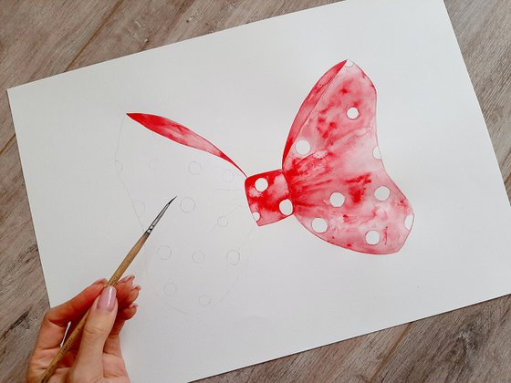 Red Bow Art, Watercolor Painting