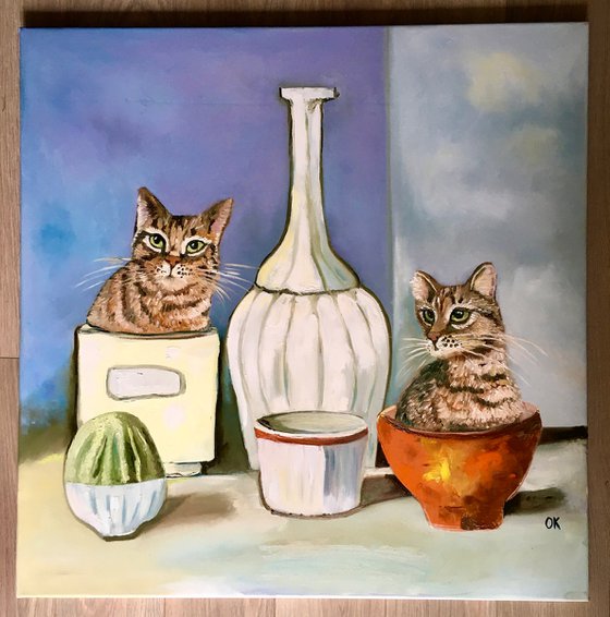 2 Troys ( Probably Twins) Cats and Giorgio Morandi vases and bottles