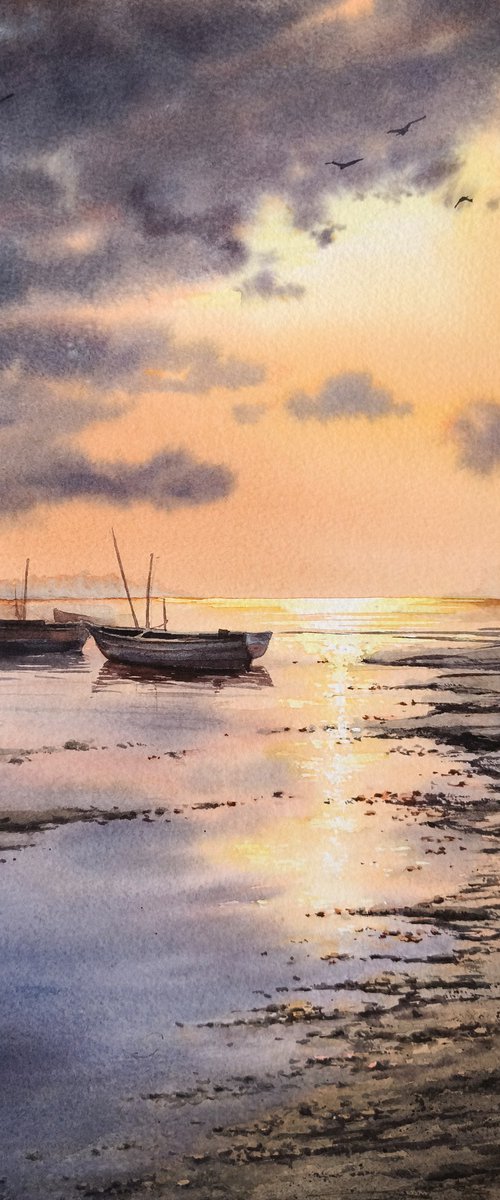 Low Tide Glow: Golden Reflections by Olga Beliaeva Watercolour