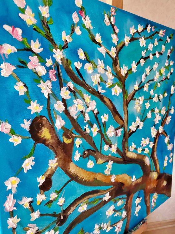 Almond blossom on turquoise inspired by Vincent Van Gogh oil painting ready to hang