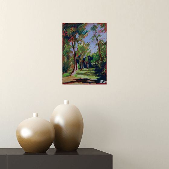 Forest. Original oil pastel painting. Small painting interior decor red green impression art