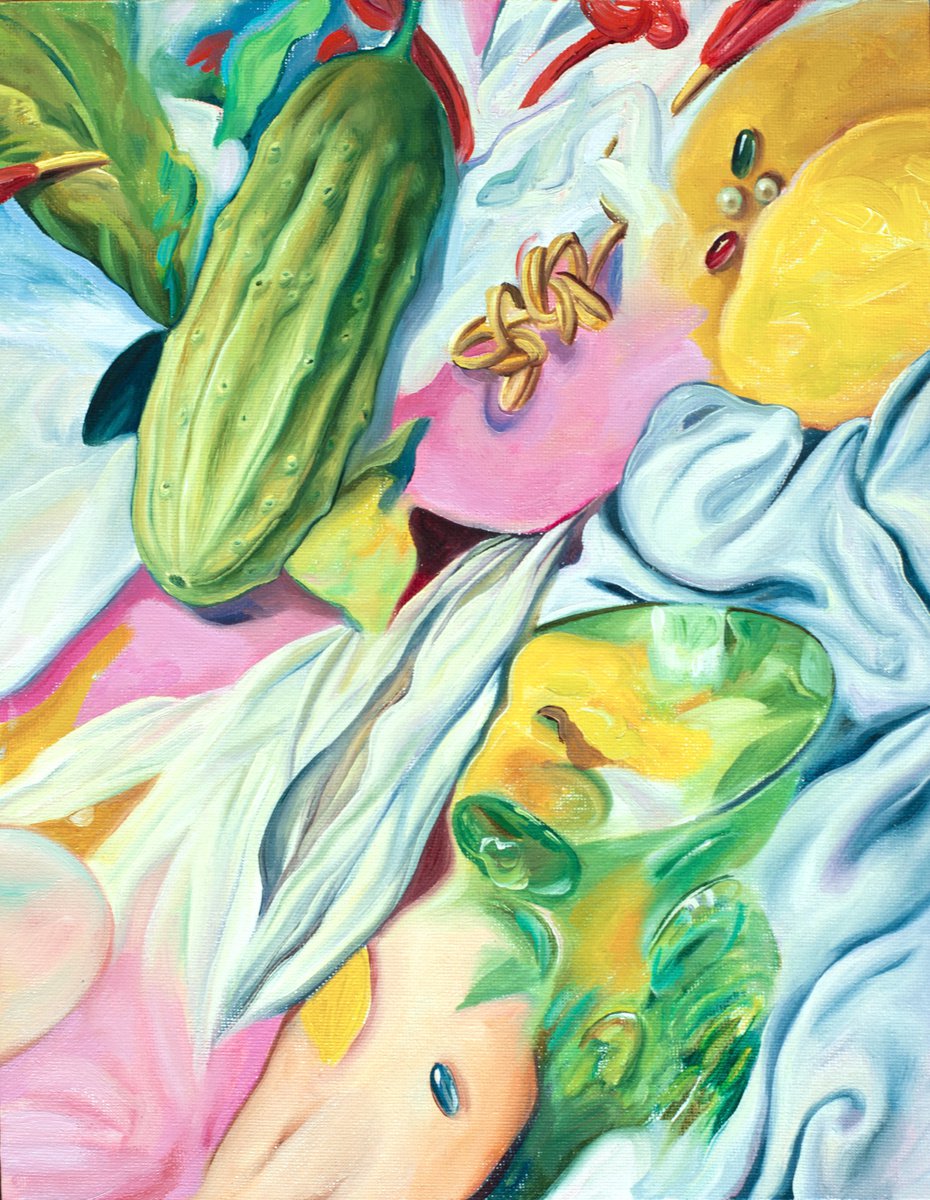 Surrealistic Still Life Oil Painting By Daria Galinski, 9 X 12, Still Life With Cucumber And Chain, Original Artwork