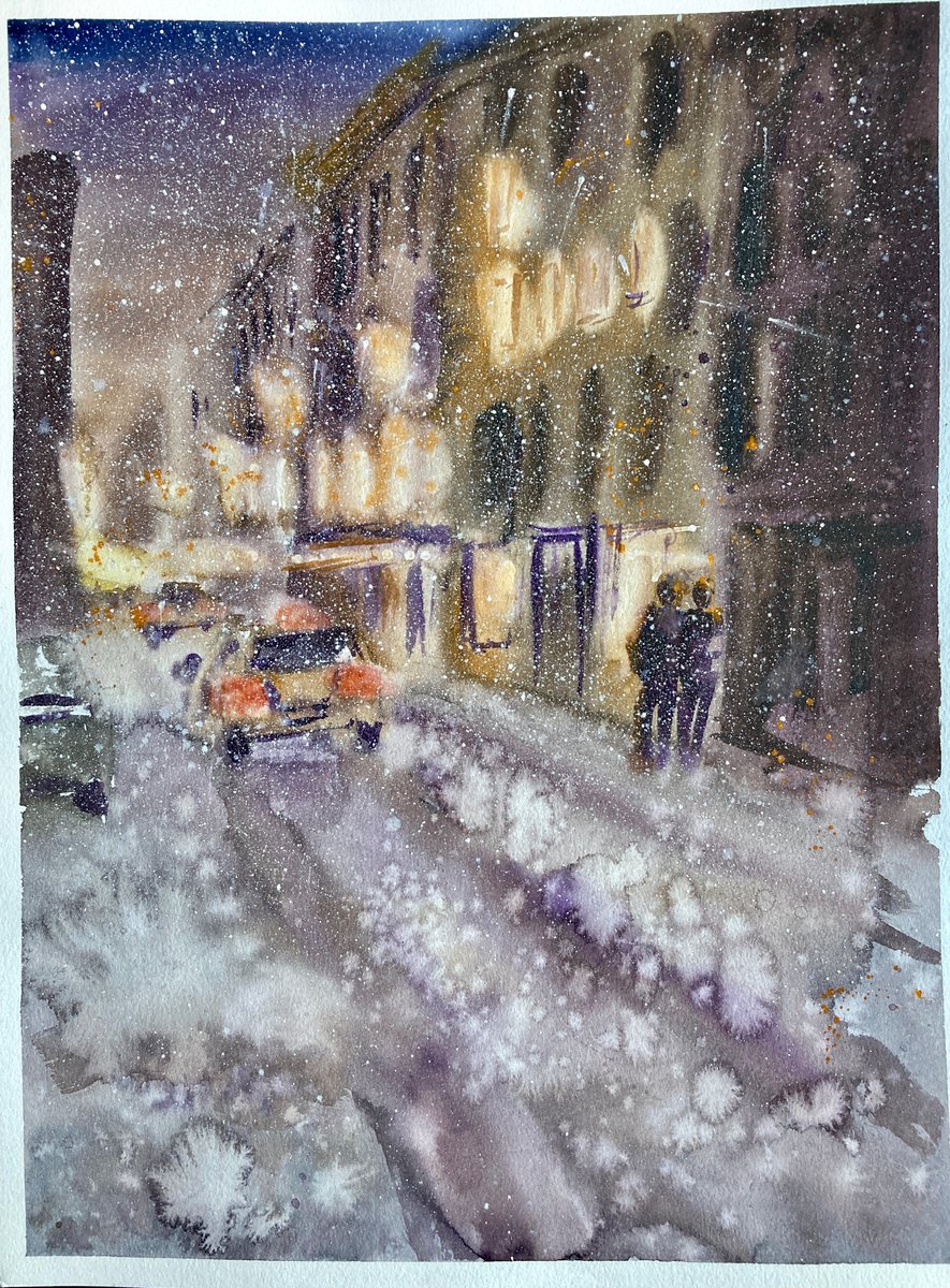 Impressionistic Cityscapes Watercolour By Valeria Golovenkina, 12 X 16", Winter In New York, Original Artwork