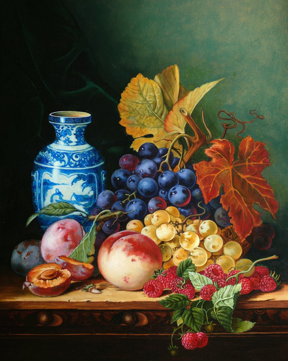 Still Life with Chinese Vase, Grapes, Peach and Raspberry by Alfia Koral