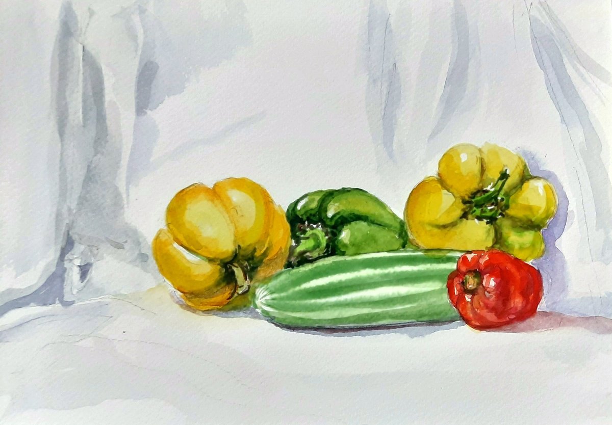 Still life with bell peppers and cucumber by Asha Shenoy