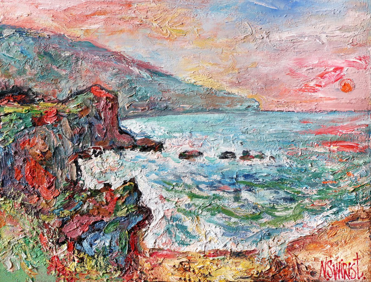 Impressionistic Landscape Oil Painting By Nikifor Swiristuhin, 16 X 12", Morning Shore., Original Artwork