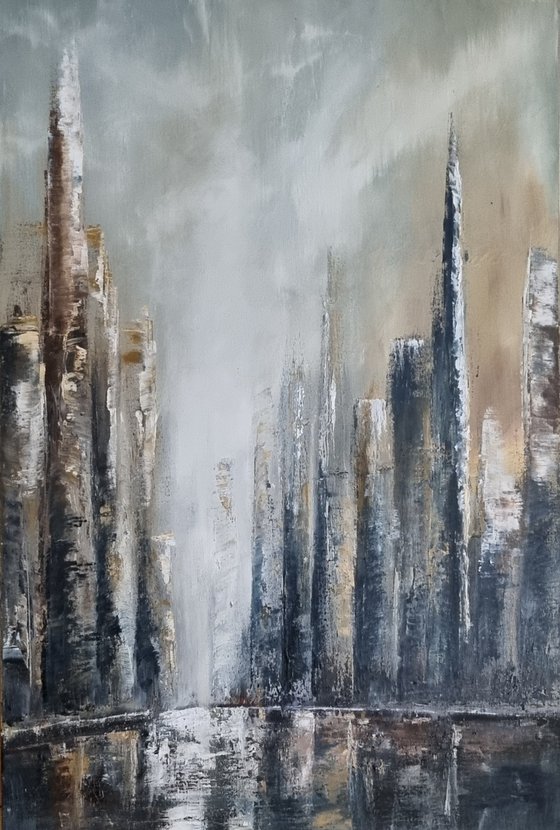 Big City 30"x20"×2" Large Cityscape Oil Painting