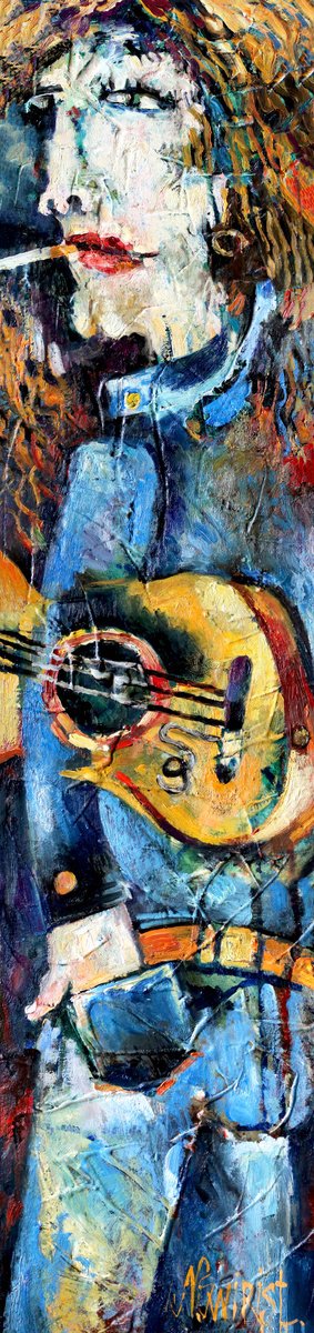Expressive Portrait Oil Painting By Nikifor Swiristuhin, 12 X 54", A Guy With A Guitar., Original Artwork