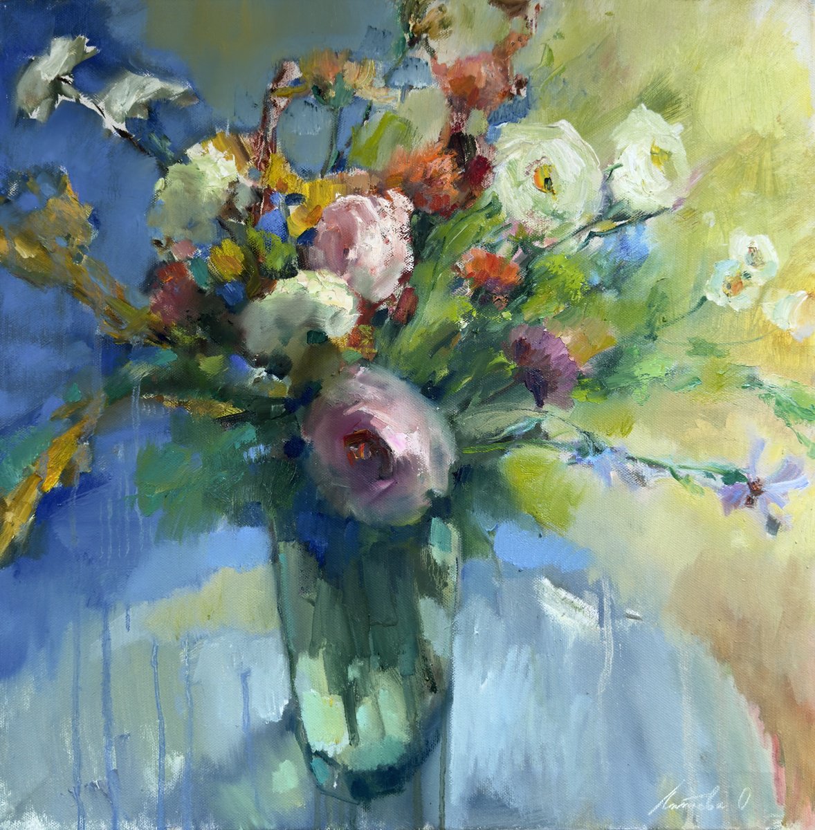 Impressionistic Botanical Oil Painting By Olha Laptieva, 19 X 20", Flowers In The Morning Light, Original Artwork