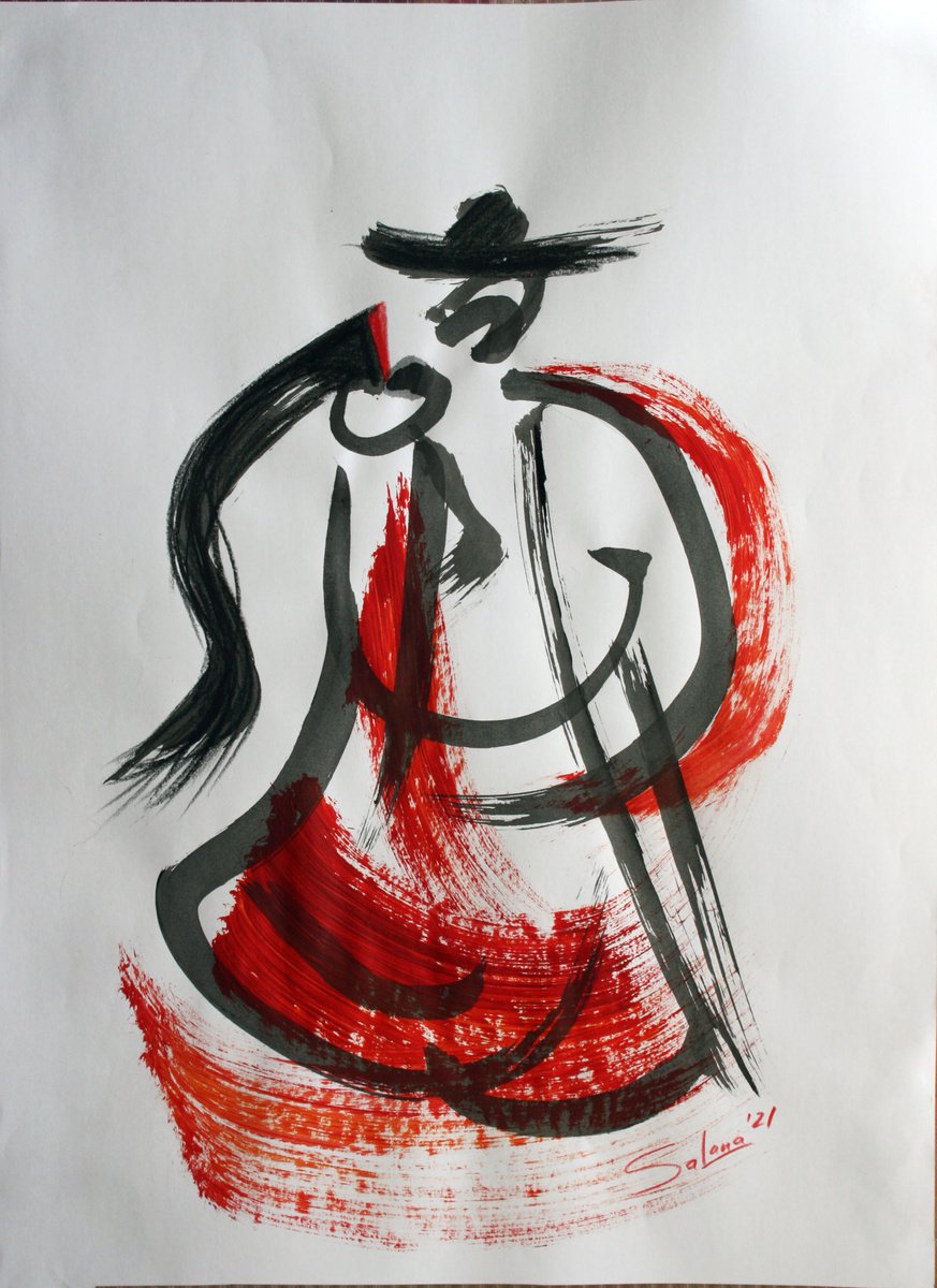 Abstract Drawing By Salana Art / Svetlana Samovarova, 13 X 17", Dance Expression 7, Original Artwork