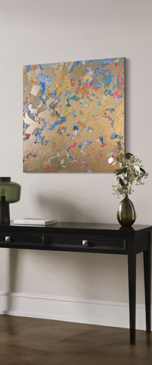 Golden News A - 30" squ - mixed media on canvas by George Hall
