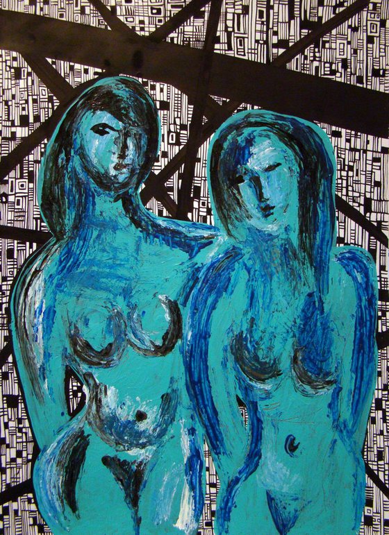 Two Female Figures in Blue