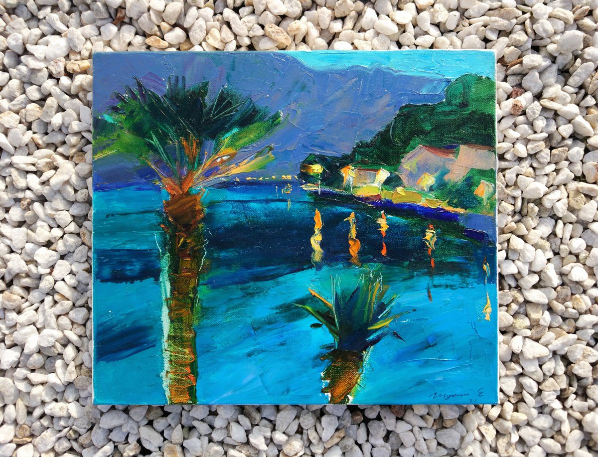Palm trees , sea, mountains . Evening in Montenegro . Original plein air oil painting . by Helen Shukina