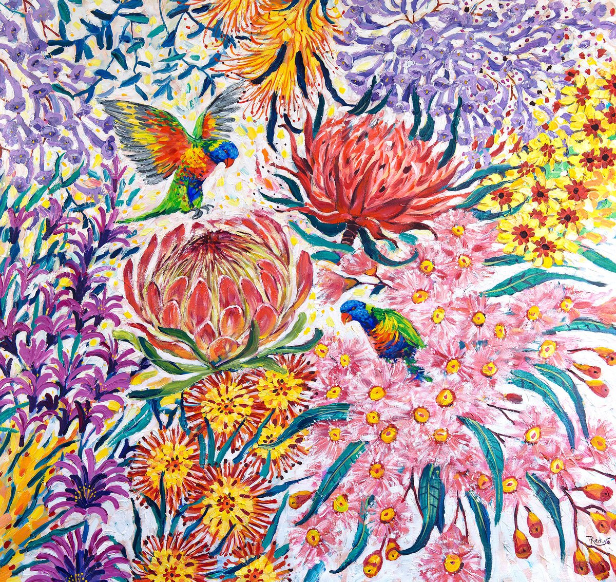 Impressionistic Animal Acrylic Painting By Irina Redine, 36 X 34, Rainbow Lorikeets In Flowers, Original Artwork