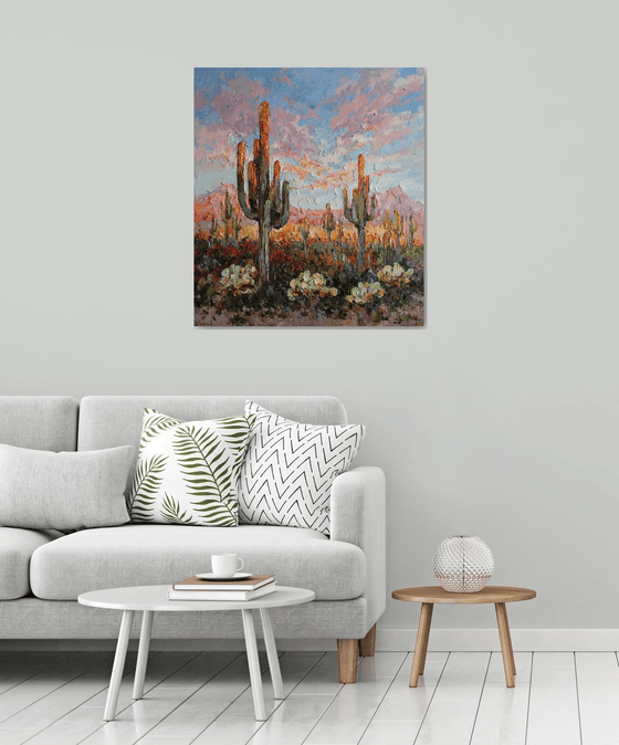 Cacti in the Desert at Sunset