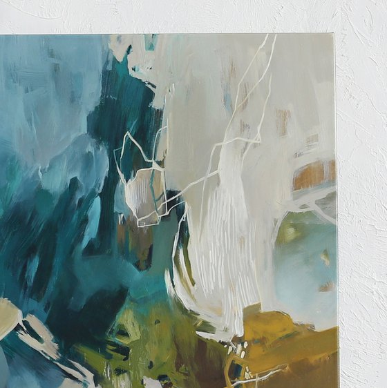 "Melody" Teal gray white abstract art