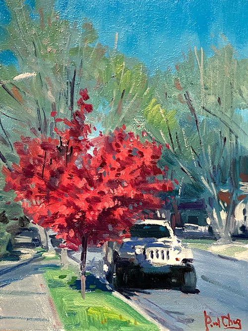 Red Tree and White Jeep by Paul Cheng