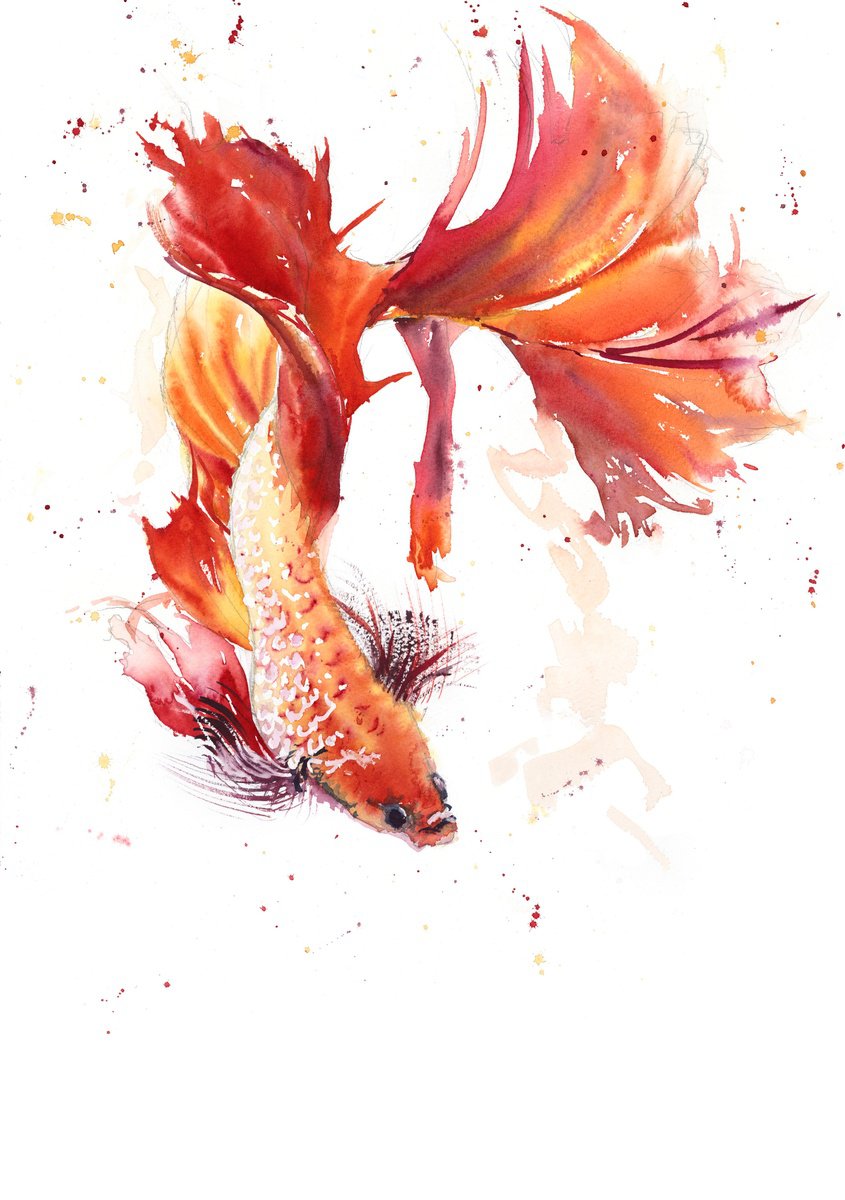 Expressive Animal Watercolour By Natalie Bowden, 14 X 20", Siamese Fighter Iii, Original Artwork