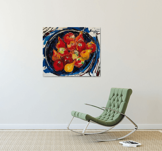 BLUE and RED - Still- life with fruits, original oil painting, mediim size gift, kitchen restaurant living room, dining room, birthday gift, apple pear, 73x85cm