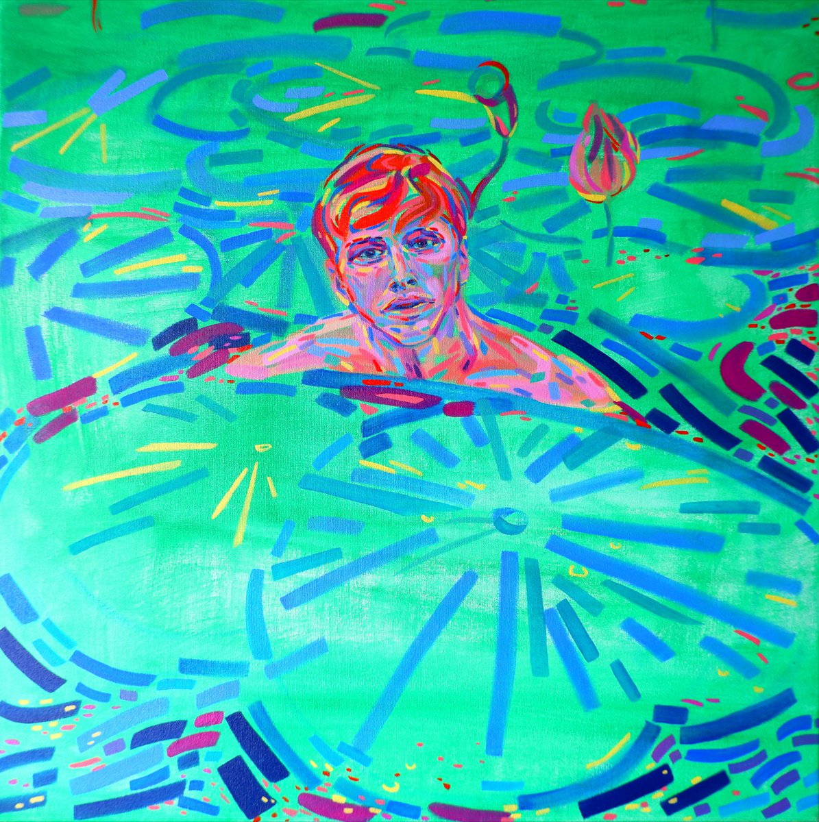 Impressionistic Landscape Oil Painting By Van Lanigh, 20 X 20", A Boy In The Water, Original Artwork