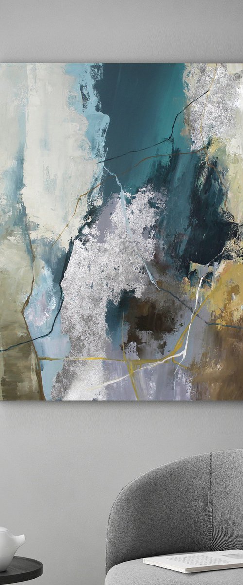 "Green Hill" Emerald silver abstract art by Yana Sagan