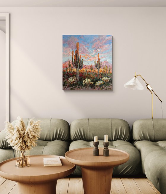 Cacti in the Desert at Sunset