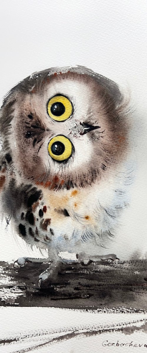Little owl on a branch #12 by Eugenia Gorbacheva