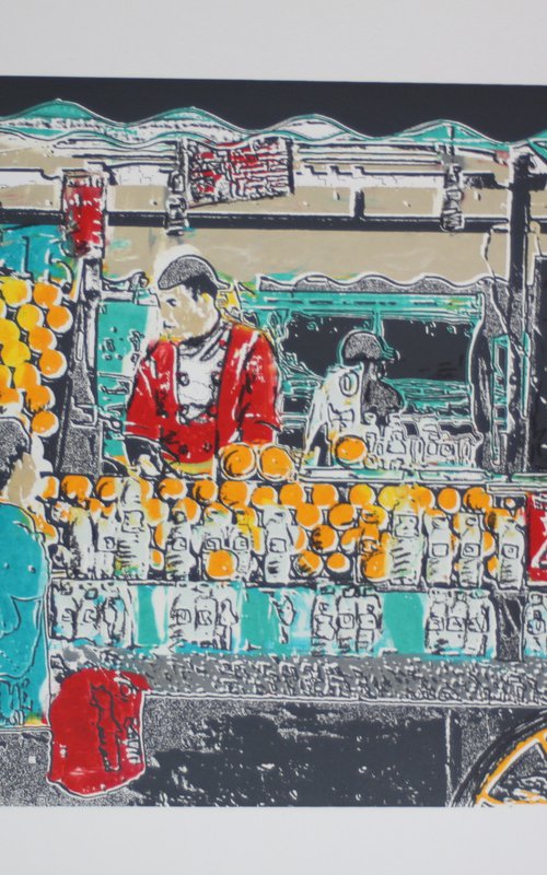 Moroccan Orange Fruit Seller - Turquoise and red by Rebecca de boehmler
