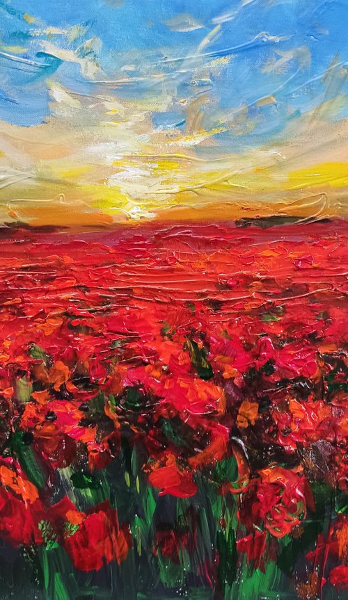 Red  Poppy Field. Original Impasto Acryl Painting With Palette Knife. by HELINDA (Olga Müller)