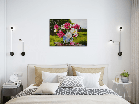 Pink White Peonies in a white-blue vase, Rustic Landscape Wall Art, Peaceful Scene