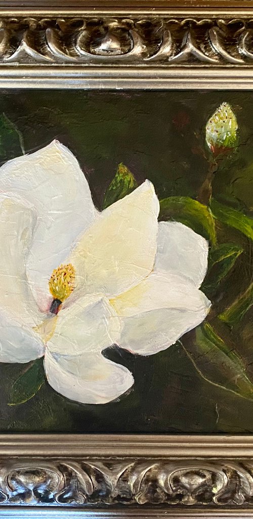 Gorgeous Magnolia Flower Original Oil Painting in silver frame by Mary Gullette
