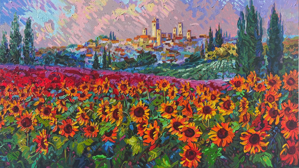 Impressionistic Landscape Oil Painting By Irinagoldenfish, 47 X 26, Sunflowers Ii, Original Artwork