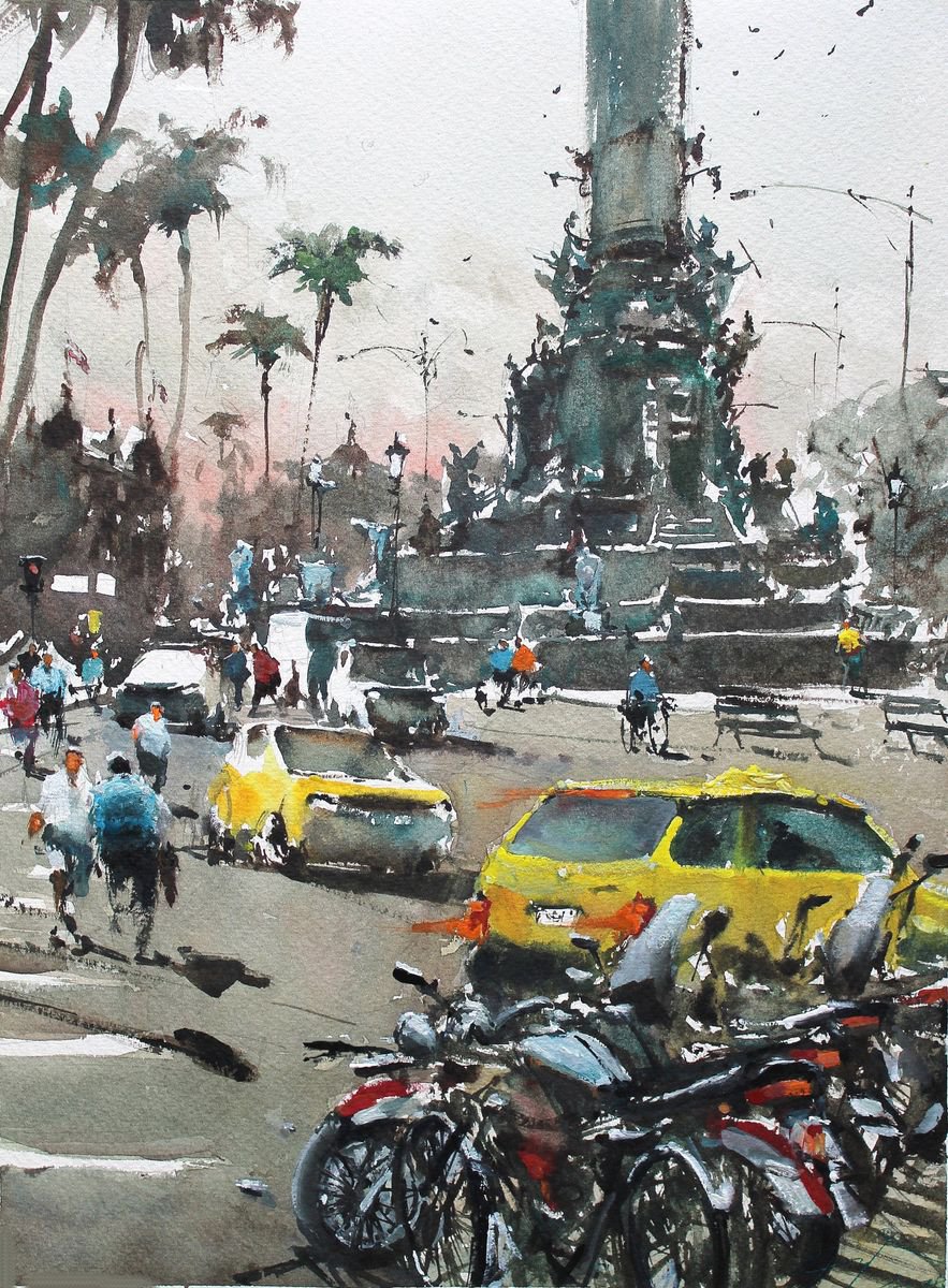 Impressionistic Cityscapes Watercolour By Maximo Damico, 11 X 15", Barcelona Streets Ii, Original Artwork