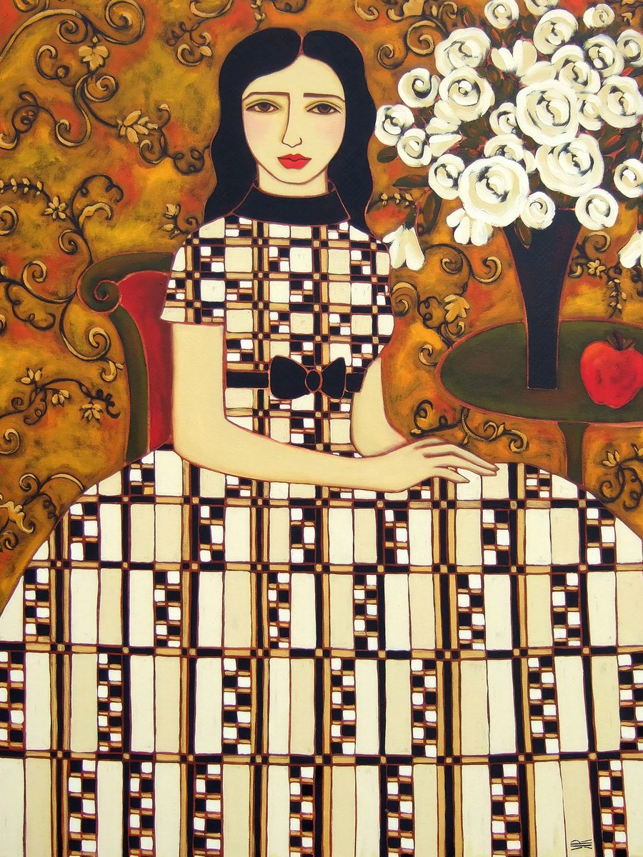 Woman With Ivory Roses & Apple By Karen Rieger, 30 X 40, Artwork For Sale On Artfinder