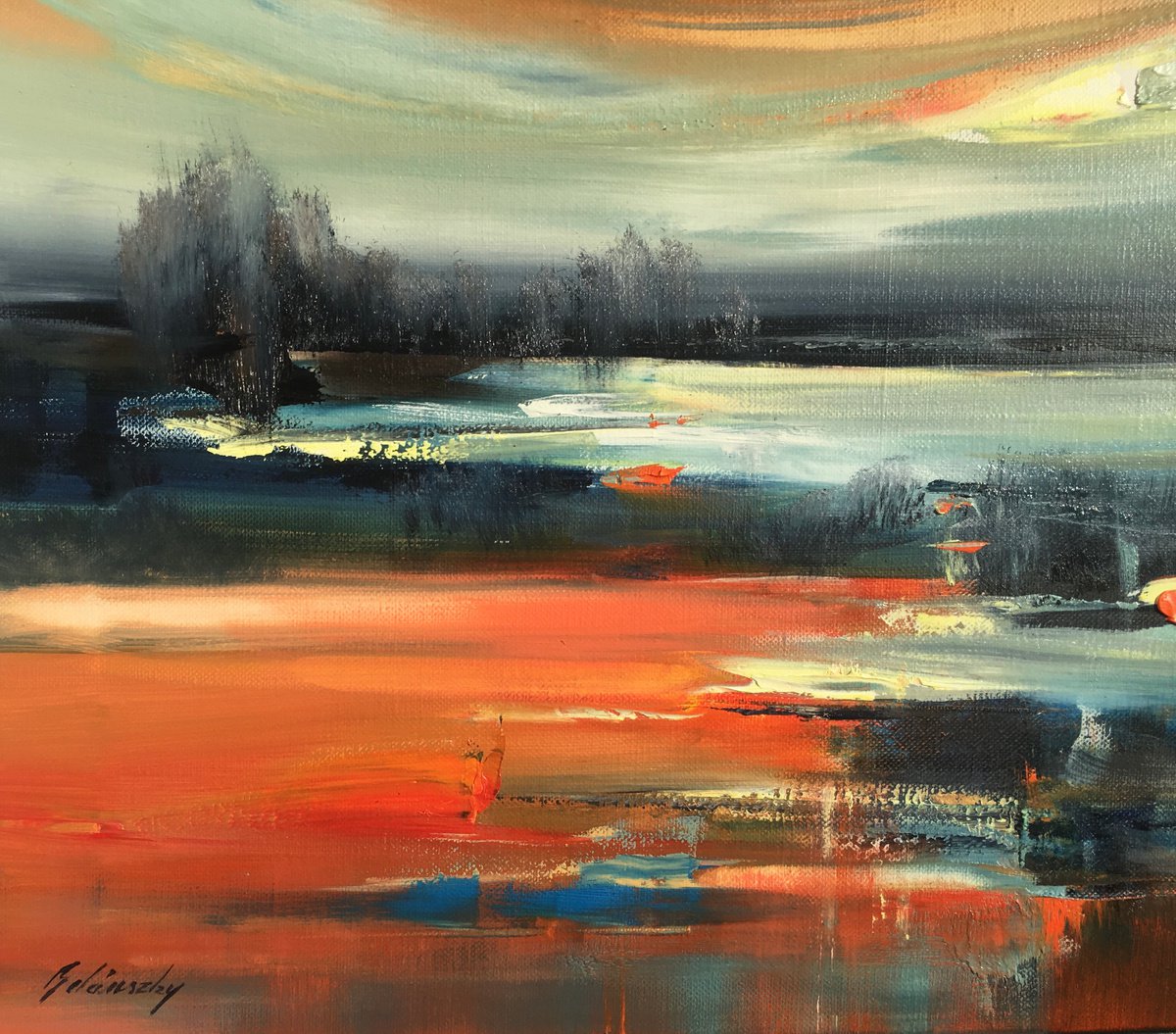 Cold Lake - 60 x 60 cm abstract landscape oil painting in blue and red
