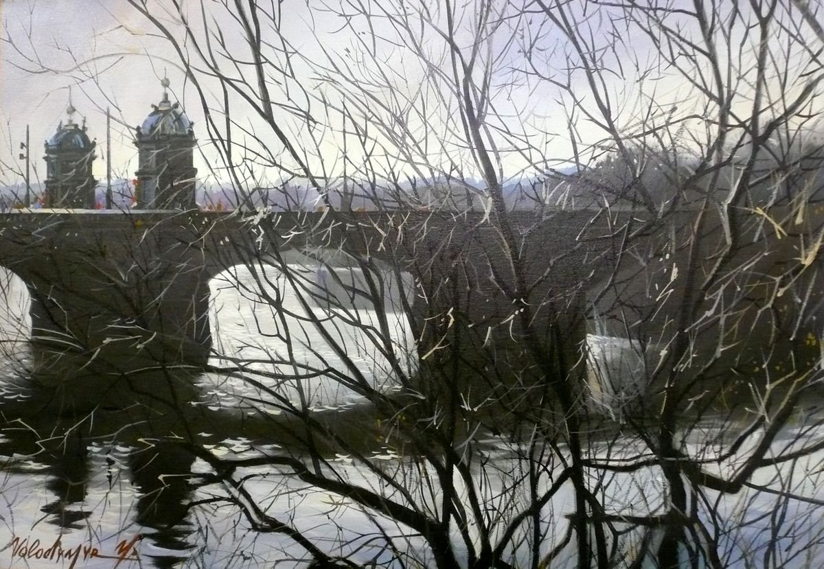 Cityscapes Oil Painting By Volodymyr Melnychuk, 28 X 20", Snow Has Not Yet Fallen Out, Original Artwork