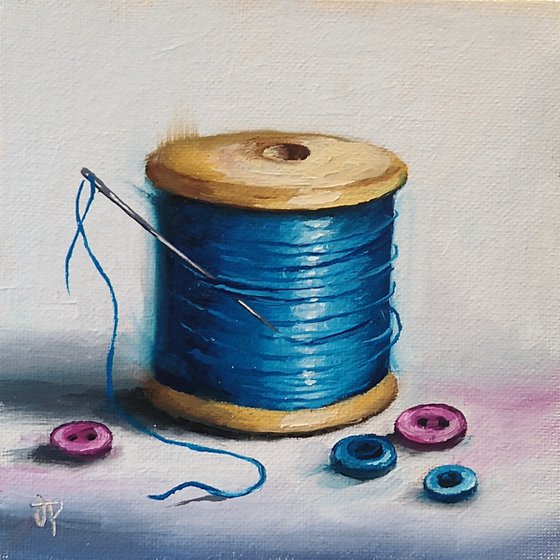 Blue Cotton and buttons still life