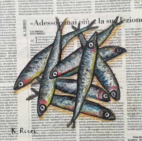 "Mixed Anchovies on Newspaper" Original Oil on Canvas Board Painting 8 by 8 inches (20x20 cm) by Katia Ricci