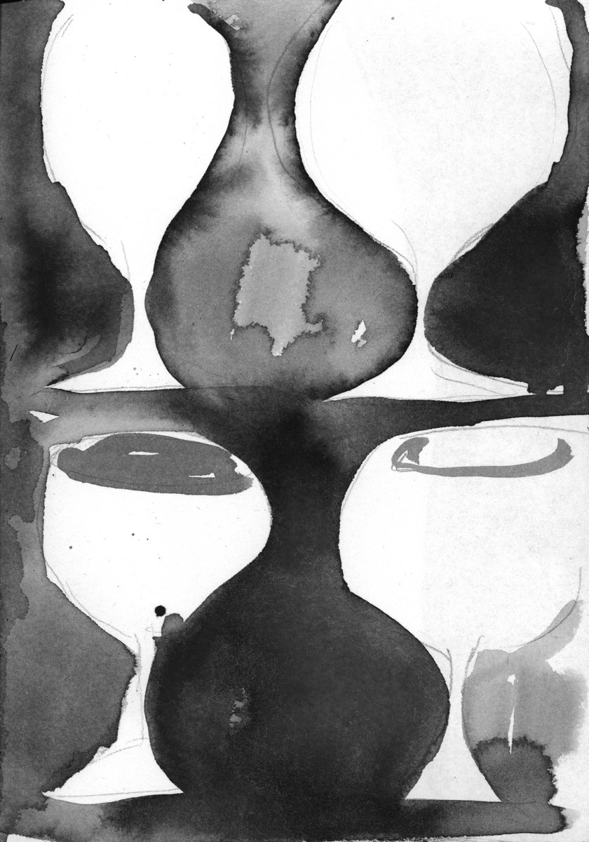 Impressionistic Still Life Ink Drawing By Nikola Tsvetanov, 6 X 8", "Glasses", Original Artwork