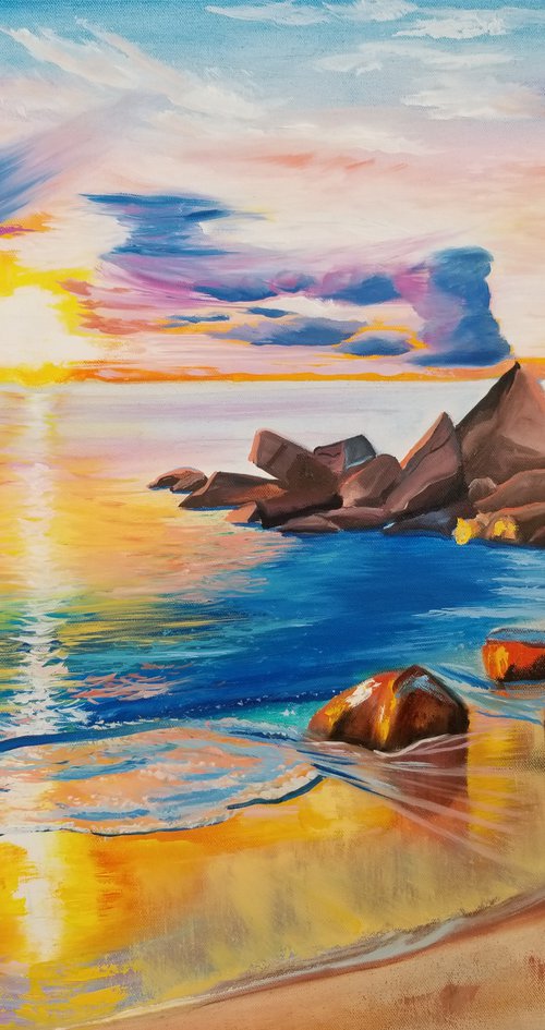 Beach. Sea Landscape. Tropical. Sky and Sea. Sunset. Mothers Day Gift. Original Oil Painting on Canvas. Perfect Gift. Housewarming Gift. Wall Decoration. Home Decor. Wall Art. 22" х 28" (55 х 71.1 cm) 2022. Unframed. by Alexandra Tomorskaya/Caramel Art Gallery