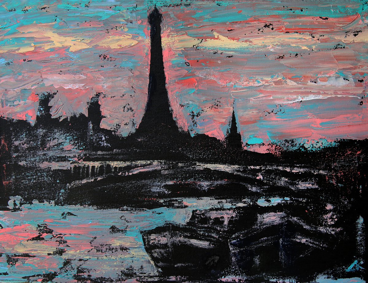 Impressionistic Cityscapes Acrylic Painting By Denys Kuvaiev, 16 X 12, Paris Harbor In The Evening, Original Artwork