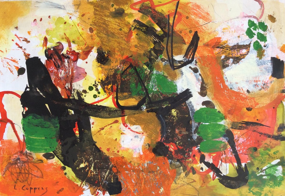 Expressive Abstract Acrylic Painting By Linda Coppens, 17 X 12", Verdant Dynamics, Original Artwork