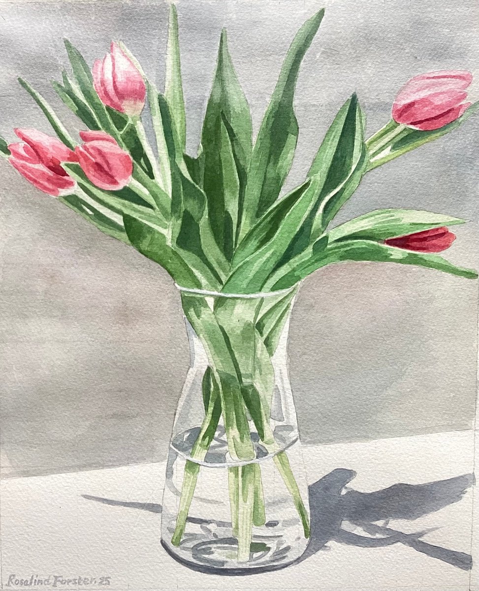 Botanical Watercolour By Rosalind Forster, 11 X 13", Tulips In A Glass Vase, Original Artwork