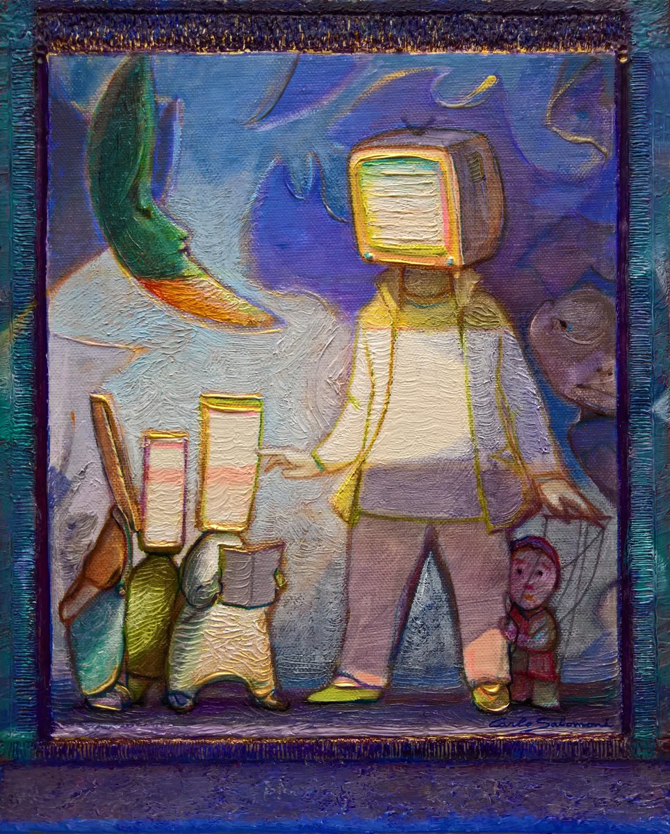 Surrealistic Portrait Acrylic Painting By Carlo Salomoni, 11 X 15, Screens - ( 29 X 37 X 2 Cm ), Original Artwork