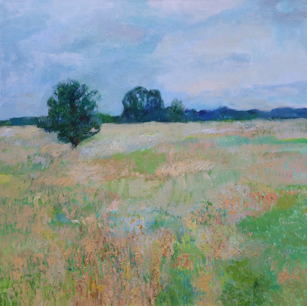 Impressionistic Landscape Oil Painting By Artem Andreichuk, 39 X 39, Meadow, Original Artwork